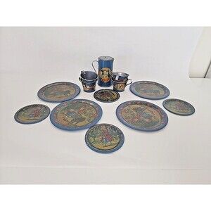 Children's Tin Litho Complete Tea Set of 4 Little Red Riding Hood Reproduction